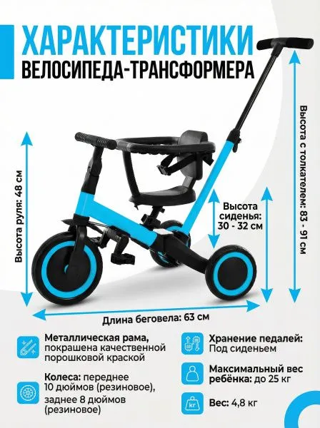 Детский беговел-велосипед 6в1 с родительской ручкой, синий - TR008-BLUE