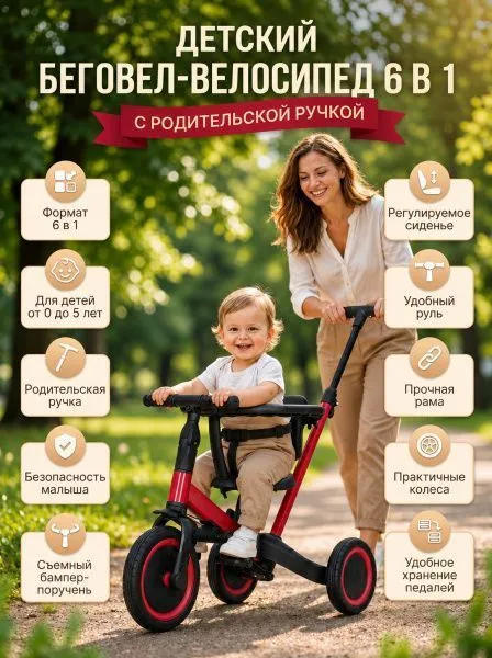 Детский беговел-велосипед 6в1 с родительской ручкой, красный - TR008-RED