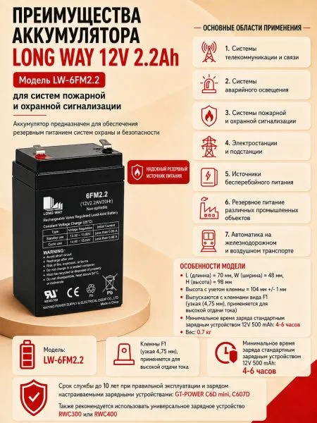 Аккумулятор Long Way 12V2.2Ah/20Hr - LW-6FM2.2