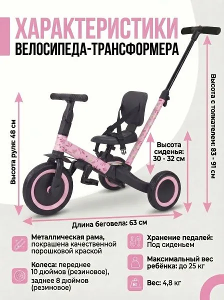 Детский беговел-велосипед 4в1 с родительской ручкой, розовый с рисунком - TR007-PINK-PAINT