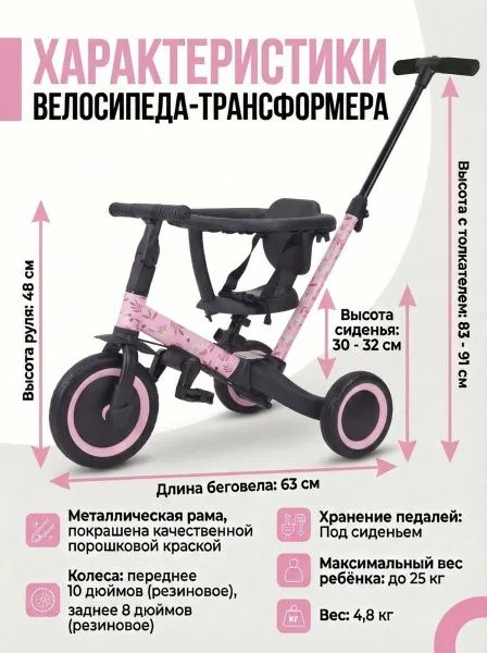 Детский беговел-велосипед 6в1 с родительской ручкой, розовый с рисунком - TR008-PINK-PAINT