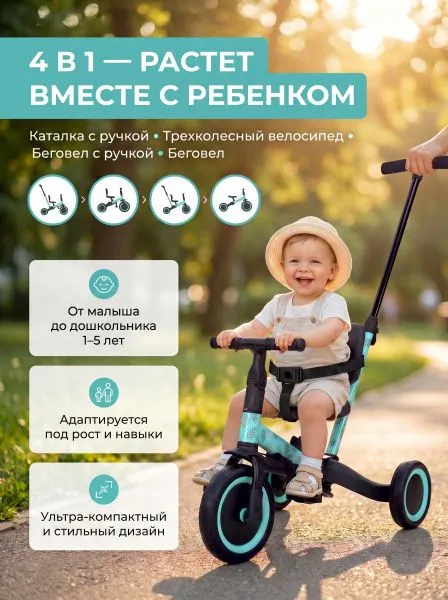 Детский беговел-велосипед 4в1 с родительской ручкой, зеленый с рисунком - TR007-CYAN-PAINT