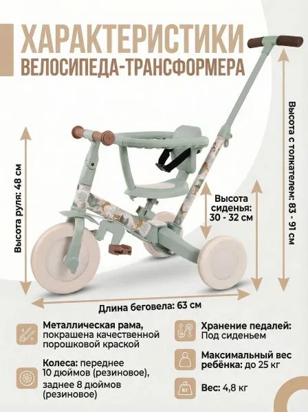 Детский беговел-велосипед 8в1 с крышей и ручкой, бежевый с рисунком - TR008C-BEIGE-PAINT